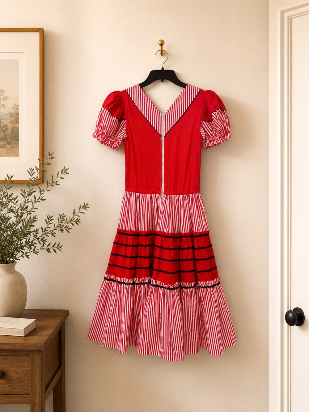 Red White Striped Prairie Midi Dress Women’s Small - Picture 4 of 4